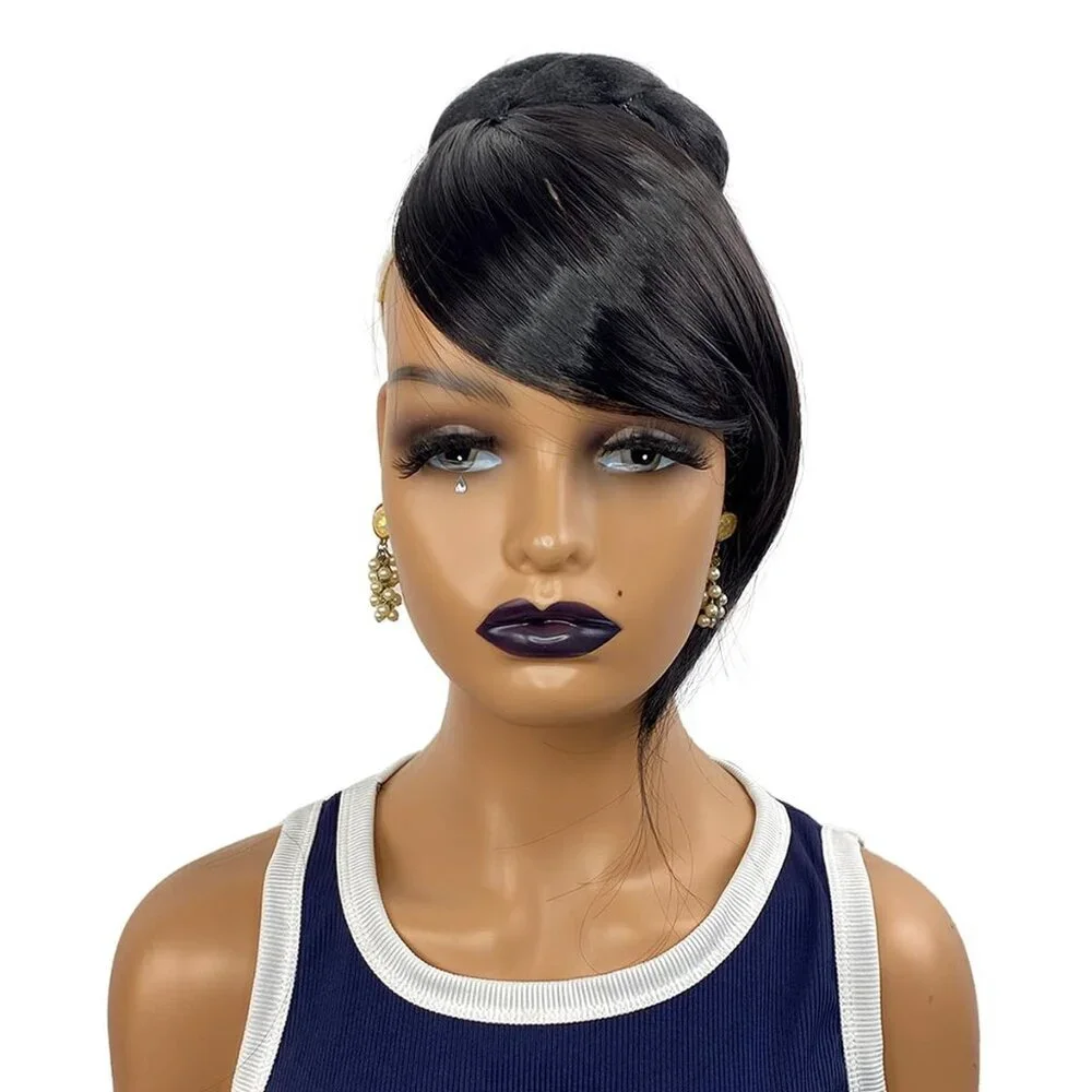 Hair Extension Bun with Bang Set Synthetic Black Large Twist Braided Style